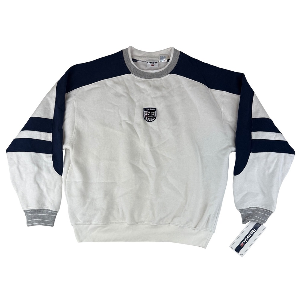 VTG Reebok Sweatshirt Mens Large White Navy Blue Vintage Classic Crest MC634601‎